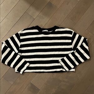 Zara Black and White Striped Cropped Crewneck Sweater